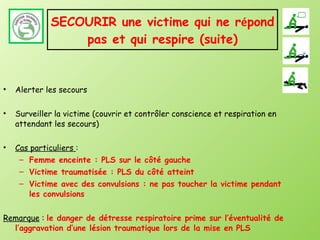 SECOURIR une victime qui ne r é pond pas et qui respire (suite) Alerter les secours Surveiller la victime (couvrir et contrôler conscience et respiration en attendant les secours) Cas particuliers  : Femme enceinte : PLS sur le côté gauche Victime traumatisée : PLS du côté atteint Victime avec des convulsions : ne pas toucher la victime pendant les convulsions Remarque  :  le danger de détresse respiratoire prime sur l’éventualité de l’aggravation d’une lésion traumatique lors de la mise en PLS 
