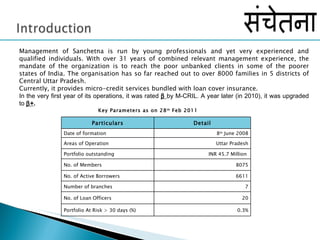 Management of Sanchetna is run by young professionals and yet very experienced and qualified individuals. With over 31 years of combined relevant management experience, the mandate of the organization is to reach the poor unbanked clients in some of the poorer states of India. The organisation has so far reached out to over 8000 families in 5 districts of Central Uttar Pradesh.  Currently, it provides micro-credit services bundled with loan cover insurance.  In the very first year of its operations, it was rated     by M-CRIL. A year later (in 2010), it was upgraded to   + .    Key Parameters as on 28 th  Feb 2011 Particulars Detail Date of formation  8 th  June 2008 Areas of Operation Uttar Pradesh Portfolio outstanding  INR 45.7 Million  No. of Members 8075 No. of Active Borrowers 6611 Number of branches 7 No. of Loan Officers 20 Portfolio At Risk > 30 days (%) 0.3% 