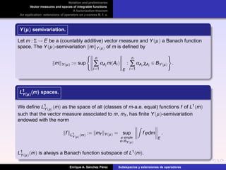 Notation and preliminaries
Vector measures and spaces of integrable functions
A factorization theorem
An application: extensions of operators on p-convex B. f. s.
Y(µ)Y(µ)Y(µ) semivariation.
Let m : Σ → E be a (countably additive) vector measure and Y(µ) a Banach function
space. The Y(µ)-semivariation m Y(µ) of m is deﬁned by
m Y(µ) := sup
n
∑
i=1
αAi
m(Ai )
E
:
n
∑
i=1
αAi
χAi
∈ BY(µ) .
L1
Y(µ)(m)L1
Y(µ)(m)L1
Y(µ)(m) spaces.
We deﬁne L1
Y(µ)(m) as the space of all (classes of m-a.e. equal) functions f of L1(m)
such that the vector measure associated to m, mf , has ﬁnite Y(µ)-semivariation
endowed with the norm
f L1
Y(µ)
(m) := mf Y(µ) = sup
ϕ simple
ϕ∈BY(µ)
fϕdm
E
.
L1
Y(µ)(m) is always a Banach function subspace of L1(m).
Enrique A. S´anchez P´erez Subespacios y extensiones de operadores
 