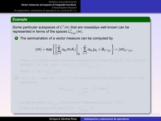 Notation and preliminaries
Vector measures and spaces of integrable functions
A factorization theorem
An application: extensions of operators on p-convex B. f. s.
Example
Some particular subspaces of L1(m) that are nowadays well known can be
represented in terms of the spaces L1
Y(µ)(m).
1 The semivariation of a vector measure can be computed by
m = sup
n
∑
i=1
αAi
m(Ai )
E
:
n
∑
i=1
αAi
χAi
∈ BL∞(µ) = m L∞(µ),
where µ is a ﬁnite positive measure equivalent to m (see [5, Ch.I]). Thus, for any
function f ∈ L1(m), mf = mf L∞(µ) = f L1
L∞(µ)
(m).
Hence, L1(m) = L1
L∞(µ)(m).
2 Let 1 < p < ∞ and 1/p +1/p = 1. It is known that for any function f ∈ Lp(m), the
expression
mf Lp (m)
= sup
ϕ simple
ϕ∈B
Lp (m)
fϕdm
E
equals the norm f L
p
w (m)
of a function f belonging to L
p
w (m) ( [7] ).
In fact, it can be proved that L
p
w (m) = L1
Lp (m)
(m).
Enrique A. S´anchez P´erez Subespacios y extensiones de operadores
 