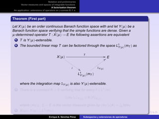 Notation and preliminaries
Vector measures and spaces of integrable functions
A factorization theorem
An application: extensions of operators on p-convex B. f. s.
Theorem (First part)
Let X(µ) be an order continuous Banach function space with and let Y(µ) be a
Banach function space verifying that the simple functions are dense. Given a
µ-determined operator T : X(µ) → E the following assertions are equivalent
1 T is Y(µ)-extensible.
2 The bounded linear map T can be factored through the space L1
Y(µ)(mT ) as
X(µ)
T
//
i
$$
E
L1
Y(µ)(mT )
IY(µ)
;;
where the integration map IY(µ) is also Y(µ)-extensible.
3 There is a constant K > 0 verifying that for every f ∈ L1(m)
(mT )f Y(µ) ≤ K f X(µ)
where (mT )f : Σ → E is the vector measure given by (mT )f (A) = A fdmT .
4 X(µ)·Y(µ) ⊆ L1(mT ).
Enrique A. S´anchez P´erez Subespacios y extensiones de operadores
 