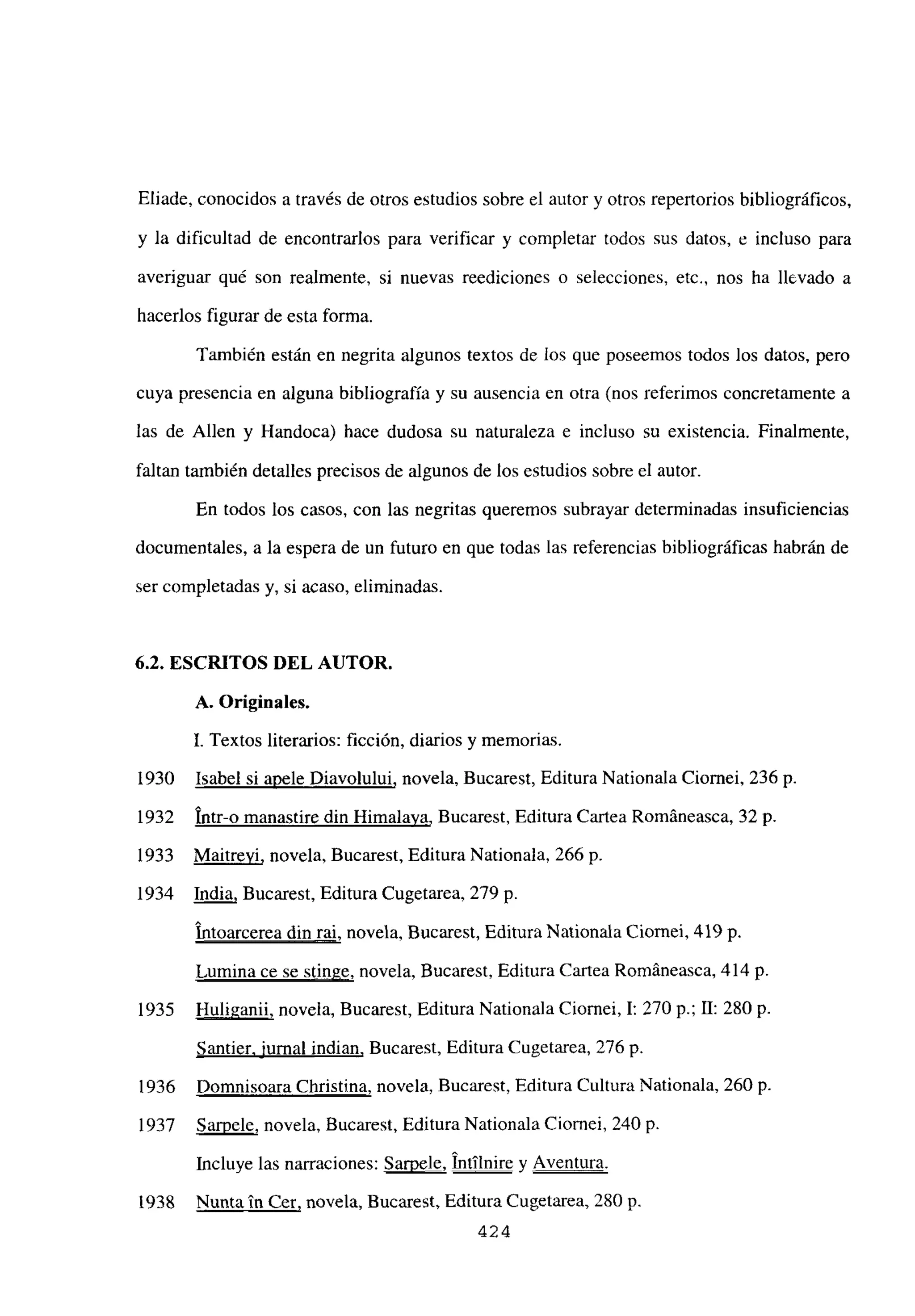 Eliade, conocidos a través de otros estudios sobre el autor y otros repertorios bibliográficos,
y la dificultad de encontrarlos para verificar y completar todos sus datos, e incluso para
averiguar qué son realmente, si nuevas reediciones o selecciones, etc., nos ha llevado a
hacerlos figurar de esta forma.
También están en negrita algunos textos de los que poseemos todos los datos, pero
cuya presencia en alguna bibliografía y su ausencia en otra (nos referimos concretamente a
las de Alíen y Handoca) hace dudosa su naturaleza e incluso su existencia. Finalmente,
faltan también detalles precisos de algunos de los estudios sobre el autor.
En todos los casos, con las negritas queremos subrayar determinadas insuficiencias
documentales, a la espera de un futuro en que todas las referencias bibliográficas habrán de
ser completadas y, si acaso, eliminadas.
6.2. ESCRITOS DEL AUTOR.
A. Originales.
1. Textos literarios: ficción, diarios y memorias.
1930 Isabel si apele Diavolului, novela, Bucarest, Editura Nationala Ciornei, 236 p.
1932 ¡ntr-o manastire din Himalaya, Bucarest, Editura Cartea Románeasca, 32 p.
1933 Maitreyi, novela, Bucarest, Editura Nationala, 266 p.
1934 India, Bucarest, Editura Cugetarea, 279 p.
intoarcerea din rai, novela, Bucarest, Editura Nationala Ciornei, 419 p.
Lumina ce se stinge, novela, Bucarest, Editura Cartea Románeasca, 414 p.
1935 Huliganii, novela, Bucarest, Editura Nationala Ciornei, 1: 270 p.; II: 280 p.
Santier, jurnal indian, Bucarest, Editura Cugetarea, 276 p.
1936 Domnisoara Christina, novela, Bucarest, Editura Cultura Nationala, 260 p.
1937 Sarpele, novela, Bucarest, Editura Nationala Ciornei, 240 p.
Incluye las narraciones: Sarpele, Intilnire y Aventura
.
1938 Nunta tn Cer, novela, Bucarest, Editura Cugetarea, 280 p.
424
 