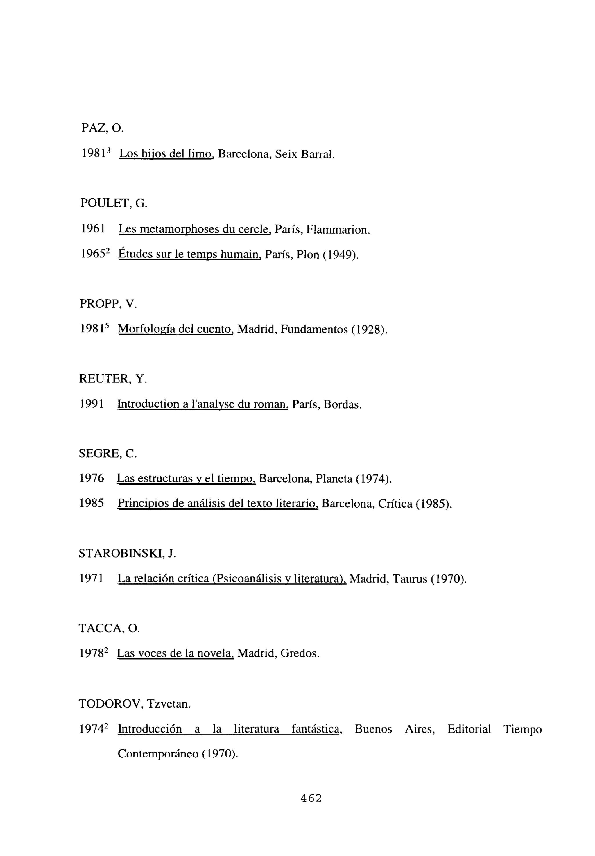 PAZ, O.
l98l~ Los hijos del limo, Barcelona, Seix Barral.
POULET, G.
1961 Les metamorphoses du cercle, Paris, Flammarion.
19652 Études sur le temps humain, París, Plon (1949).
PROPP, V.
198l~ Morfología del cuento, Madrid, Fundamentos (1928).
REUTER, Y.
1991 Introduction a l’analyse du roman, París, Bordas.
SEGRE, C.
1976 Las estructuras y el tiempo, Barcelona, Planeta (1974).
1985 Principios de análisis del texto literario, Barcelona, Crítica (1985).
STAROBINSKI, J.
1971 La relación crítica (Psicoanálisis y literatura), Madrid, Taurus (1970).
TACCA, O.
19782 Las voces de la novela, Madrid, Gredos.
TODOROV, Tzvetan.
19742 Introducción a la literatura fantástica, Buenos Aires, Editorial Tiempo
Contemporáneo (1970).
462
 