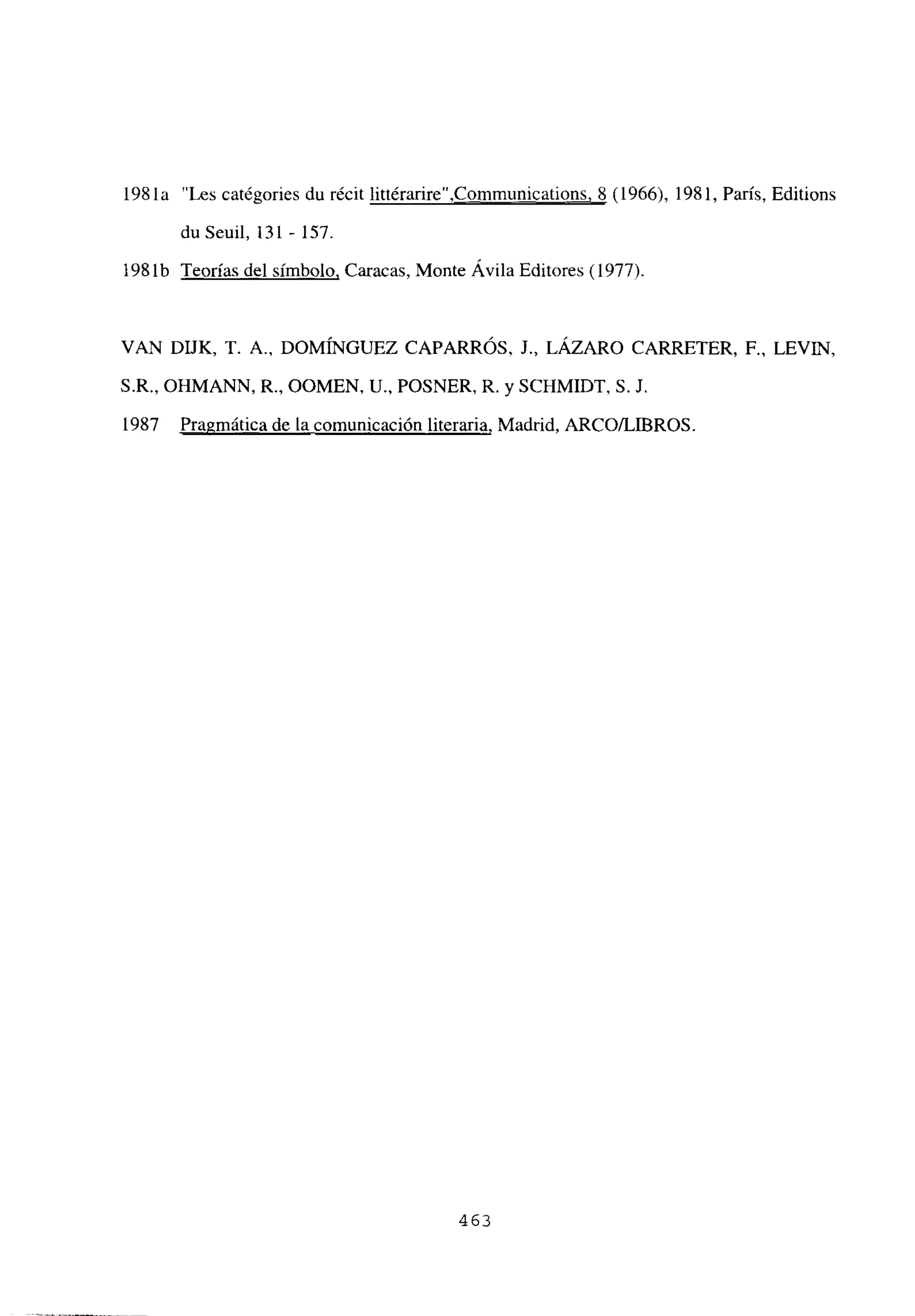 1981a “Les catégories du récit littéraire”,Communications, 8 (1966), 1981, Paris, Editions
du Seuil, 131- 157.
198lb Teorías del símbolo, Caracas, Monte Ávila Editores (1977).
VAN DUK, T. A., DOMINGUEZ CAPARRÓS, J., LAZARO CARRETER, F., LEVIN,
S.R., OHMANN, R., OGMEN, U., POSNER, R. y SCHMIDT, 5. J.
1987 Pragmática de la comunicación literaria, Madrid, ARCOILIBROS.
463
 