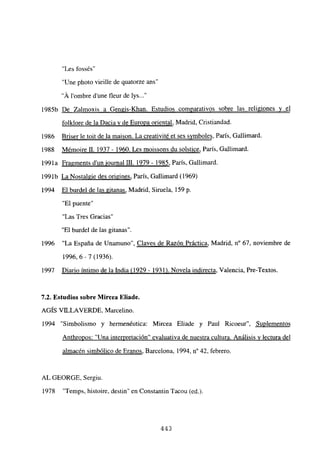 “Les fossés”
“Une photo vieille de quatorze ans”
“Á lombre d’une fleur de lys...”
1985b De Zalmoxis a Gengis-Khan. Estudios comparativos sobre las religiones y el
folklore de la Dacia y de Europa oriental, Madrid, Cristiandad.
1986 Briser le toit de la maison. La creativité et ses symboles París Gallimard.
1988 Mémoire II. 1937 - 1960. Les moissons du solstice, París, Gallimard.
1991a Fragments dun iournal DI. 1979 - 1985, Paris, Gallimard.
1991b La Nostalgie des origines, París, Gallimard (1969)
1994 El burdel de las gitanas, Madrid, Siruela, 159 p.
“El puente”
‘‘Las Tres Gracias~~
“El burdel de las gitanas”.
1996 “La España de Unamuno”, Claves de Razón Práctica, Madrid, n0 67, noviembre de
1996,6-7 (1936).
1997 Diario intimo de la India (1929- 1931). Novela indirecta, Valencia, Pre-Textos.
7.2. Estudios sobre Mircea Eliade.
AGIS VILLAVERDE, Marcelino.
1994 “Simbolismo y hermenéutica: Mircea Ejiade y Paul Ricoeur”, Sup]ementos
Anthropos: “Una interpretación” evaluativa de nuestra cultura. Análisis y lectura del
almacén simbólico de Eranos, Barcelona, 1994, n0 42, febrero.
AL GEORGE, Sergiu.
1978 “Temps, histoire, destin” en Constantin Tacou (el)
443
 