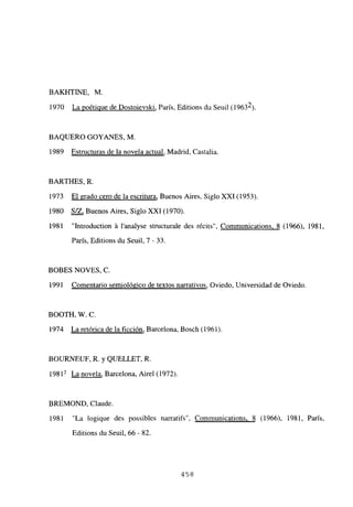 BAKHTINE, M.
1970 La poétique de Dostoievski, Paris, Editions du Seuil (19632).
BAQUERO GOYANES, M.
1989 Estructuras de la novela actual, Madrid, Castalia.
BARTHES, R
1973 El grado cero de la escritura, Buenos Aires, Siglo XXI (1953).
1980 S/Z, Buenos Aires, Siglo XXI (1970).
1981 “Introduction á l’analyse structurale des récits”, Communications. 8 (1966), 1981,
París, Editions du Seuil, 7 - 33.
BOBES NOVES, C.
1991 Comentario semiológico de textos narrativos, Oviedo, Universidad de Oviedo.
BOOTH, W. C.
1974 La retórica de la ficción, Barcelona, Bosch (1961).
BOURNEUF, R. y QUELLET, R.
19812 La novela, Barcelona, Airel (1972).
BREMOND, Claude.
1981 “La logique des possibles narratifs”, Communications. 8 (1966), 1981, Paris,
Editions du Seuil, 66 - 82.
458
 