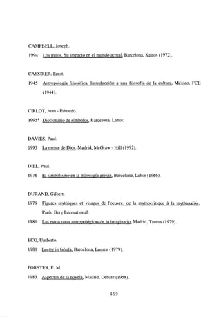 CAMPBELL, Joseph.
1994 Los mitos. Su impacto en el mundo actual, Barcelona, Kairós (1972).
CASSJRER, Ernst.
1945 Antropología filosófica. Introducción a una filosofía de la cultura, México, FCE
(1944).
CIRLOT, Juan - Eduardo.
l995~ Diccionario de símbolos, Barcelona, Labor.
DAVIES, Paul.
1993 La mente de Dios, Madrid, McGraw - Hill (1992).
DIEL, Paul.
1976 El simbolismo en la mitología griega, Barcelona, Labor (1966).
DURAND, Gilbert.
1979 Figures mvthioues et visa2es de l’oeuvre: de la mvthocritj~ á la mvthanalise.
París, Berg International.
1981 Las estructuras antropológicas de lo imaginario, Madrid, Taurus (1979).
ECO, Umberto.
1981 Lector in fabula, Barcelona, Lumen (1979).
FORSTER, E. M.
1983 Aspectos de la novela, Madrid, Debate (1958).
459
 