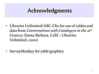 Acknowledgments Libraries Unlimited/ABC-Clio for use of tables and data from  Conversations with Catalogers in the 21 st  Century  (Santa Barbara, Calif. : Libraries Unlimited, c2011) SurveyMonkey for table graphics 