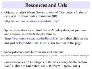 Resources and Urls Original analysis (from  Conversations with Catalogers in the 21 st  Century)   in Texas State eCommons (IR): http://ecommons.txstate.edu/libstaff/25/ Spreadsheet data for original SurveyMonkey data, for your use and analysis, in Texas State eCommons:  http://ecommons.txstate.edu/libstaff/25/  and then click on the  link just below “Additional Files” at the bottom of the page SurveyMonkey data for your   use and analysis: http://www.surveymonkey.com/sr.aspx?sm=lyKPc8gLqpITF_2fK8K127v7qTJG7nV8ODAEclJJOthnQ_3d Conversations with Catalogers in the 21 st  Century . Santa Barbara, Calif. : Libraries Unlimited, c2011. ISBN978-1-59884-702-4 