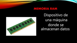 MEMORIA RAM
Dispositivo de
una máquina
donde se
almacenan datos
 