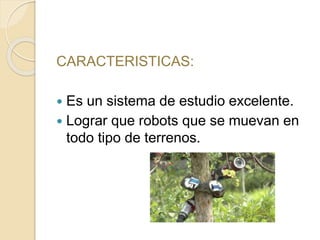 CARACTERISTICAS: 
 Es un sistema de estudio excelente. 
 Lograr que robots que se muevan en 
todo tipo de terrenos. 
 