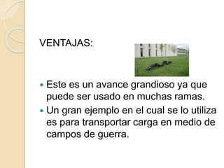 VENTAJAS: 
 Este es un avance grandioso ya que 
puede ser usado en muchas ramas. 
 Un gran ejemplo en el cual se lo utiliza 
es para transportar carga en medio de 
campos de guerra. 
