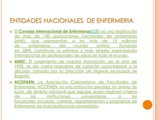 ENTIDADES NACIONALES DE ENFERMERIA
 El Consejo Internacional de Enfermeras(CIE) es una federación
de más de 130 asociaciones nacionales de enfermeras
(ANE), que representan a los más de 13 millones
de enfermeras del mundo entero. Fundado
en 1899, constituye la primera y más amplia organización
internacional de profesionales de salud de todo el mundo.
 ANEC: El surgimiento de nuestra Asociación, en el año de
1935, se dio como respuesta de carácter socio-laboral a la
decisión tomada por la Dirección de Higiene Municipal de
Bogotá.
 ACOFAEN: La Asociación Colombiana de Facultades de
Enfermería, ACOFAEN, es una institución privada, sin ánimo de
lucro, de ámbito nacional que agrupa según régimen interno
de las instituciones universitarias, a las
facultades, escuelas, carreras, departamentos y programas de
Enfermería de nivel profesional universitario.
 