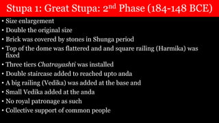 Stupa 1: Great Stupa: 2nd Phase (184-148 BCE)
• Size enlargement
• Double the original size
• Brick was covered by stones in Shunga period
• Top of the dome was flattered and and square railing (Harmika) was
fixed
• Three tiers Chatrayashti was installed
• Double staircase added to reached upto anda
• A big railing (Vedika) was added at the base and
• Small Vedika added at the anda
• No royal patronage as such
• Collective support of common people
 