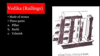 Vedika (Railings)
• Made of stones
• Three parts:
a. Pillar
b. Suchi
c. Ushnish
 