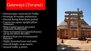 Gateways (Torana)
• Entrance gate, connected to Vedika
• Prototype of wooden architecture
• Erected during Satavahana period
• Consist two square upright pillars
(columns)
• Pillar Capital consist decorative
elephants/shalbhanjika
• Three horizontal bars (panels/beams)
set up one above the other
• Between them row of ornamented
balusters
• Highly decorated inner and outer
• General height: 10.40 meters
• General width: 3 meters
 