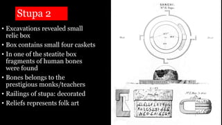 Stupa 2
• Excavations revealed small
relic box
• Box contains small four caskets
• In one of the steatite box
fragments of human bones
were found
• Bones belongs to the
prestigious monks/teachers
• Railings of stupa: decorated
• Reliefs represents folk art
 