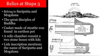 Relics at Stupa 3
• Belong to Sariputta and
Mogalana
• The great disciples of
Buddha
• Casket made of steatite was
found in earthen pot
• A relic chamber consist a
two stone boxes with lids
• Lids inscription mentions
the name of Sariputta and
Mogalana
 