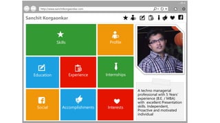 http://www.sanchitkorgaonkar.com
ProfileSkills
AccomplishmentsSocial
ExperienceEducation Internships
Interests
A techno managerial
professional with 5 Years’
experience (B.E. / MBA)
with excellent Presentation
skills. Independent,
Proactive and motivated
individual
Sanchit Korgaonkar
 