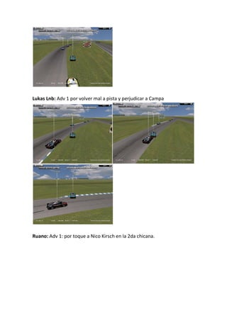 Lukas Lnb: Adv 1 por volver mal a pista y perjudicar a Campa
Ruano: Adv 1: por toque a Nico Kirsch en la 2da chicana.