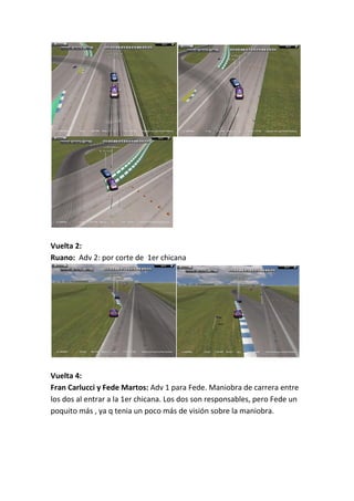 Vuelta 2:
Ruano: Adv 2: por corte de 1er chicana
Vuelta 4:
Fran Carlucci y Fede Martos: Adv 1 para Fede. Maniobra de carrera entre
los dos al entrar a la 1er chicana. Los dos son responsables, pero Fede un
poquito más , ya q tenia un poco más de visión sobre la maniobra.