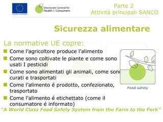 Sicurezza alimentare
“A World Class Food Safety System from the Farm to the Fork”
La normative UE copre:
Come l’agricoltore produce l’alimento
Come sono coltivate le piante e come sono
usati I pesticidi
Come sono alimentati gli animali, come sono
curati e trasportati
Come l’alimento é prodotto, confezionato,
trasportato
Come l’alimento é etichettato (come il
consumatore é informato)
Food safety
Parte 2
Attività principali SANCO
 