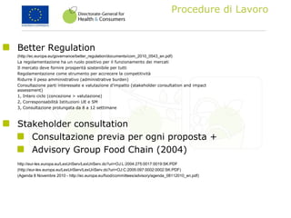 Procedure di Lavoro
Better Regulation
(http://ec.europa.eu/governance/better_regulation/documents/com_2010_0543_en.pdf)
La regolamentazione ha un ruolo positivo per il funzionamento dei mercati
Il mercato deve fornire prosperità sostenibile per tutti
Regolamentazione come strumento per accrecere la competitività
Ridurre il peso amministrativo (administrative burden)
Consultazione parti interessate e valutazione d’impatto (stakeholder consultation and impact
assessment)
1, Intero ciclo (concezione > valutazione)
2, Corresponsabilità Istituzioni UE e SM
3, Consultazione prolungata da 8 a 12 settimane
Stakeholder consultation
Consultazione previa per ogni proposta +
Advisory Group Food Chain (2004)
http://eur-lex.europa.eu/LexUriServ/LexUriServ.do?uri=OJ:L:2004:275:0017:0019:SK:PDF
(http://eur-lex.europa.eu/LexUriServ/LexUriServ.do?uri=OJ:C:2005:097:0002:0002:SK:PDF)
(Agenda 8 Novembre 2010 - http://ec.europa.eu/food/committees/advisory/agenda_08112010_en.pdf)
 