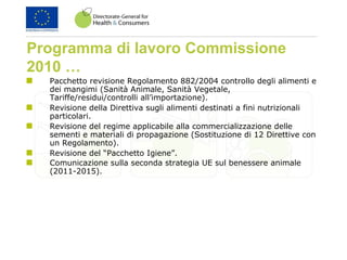 Programma di lavoro Commissione
2010 …
Pacchetto revisione Regolamento 882/2004 controllo degli alimenti e
dei mangimi (Sanità Animale, Sanità Vegetale,
Tariffe/residui/controlli all’importazione).
Revisione della Direttiva sugli alimenti destinati a fini nutrizionali
particolari.
Revisione del regime applicabile alla commercializzazione delle
sementi e materiali di propagazione (Sostituzione di 12 Direttive con
un Regolamento).
Revisione del “Pacchetto Igiene”.
Comunicazione sulla seconda strategia UE sul benessere animale
(2011-2015).
 