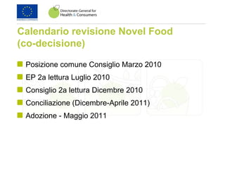 Calendario revisione Novel Food
(co-decisione)
Posizione comune Consiglio Marzo 2010
EP 2a lettura Luglio 2010
Consiglio 2a lettura Dicembre 2010
Conciliazione (Dicembre-Aprile 2011)
Adozione - Maggio 2011
 
