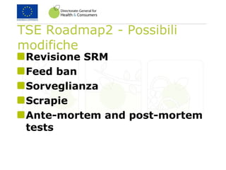 TSE Roadmap2 - Possibili
modifiche
Revisione SRM
Feed ban
Sorveglianza
Scrapie
Ante-mortem and post-mortem
tests
 