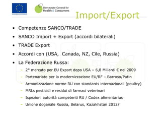 • Competenze SANCO/TRADE
• SANCO Import + Export (accordi bilaterali)
• TRADE Export
• Accordi con (USA, Canada, NZ, Cile, Russia)
• La Federazione Russa:
– 2° mercato per EU Export dopo USA – 6,8 Miliardi € nel 2009
– Partenariato per la modernizzazione EU/RF – Barroso/Putin
– Armonizzazione norme RU con standards internazionali (poultry)
– MRLs pesticidi e residui di farmaci veterinari
– Ispezioni autorità competenti RU / Codex alimentarius
– Unione doganale Russia, Belarus, Kazakhstan 2012?
Import/Export
 