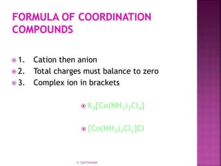 1. Cation then anion
 2. Total charges must balance to zero
 3. Complex ion in brackets
 K2[Co(NH3)2Cl4]
 [Co(NH3)4Cl2]Cl
V. SANTHANAM
 