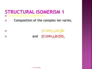  Coordination isomerism
 Composition of the complex ion varies.
 [Cr(NH3)5SO4]Br
 and [Cr(NH3)5Br]SO4
V. SANTHANAM
 