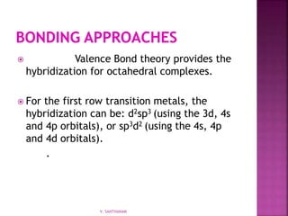  Valence Bond theory provides the
hybridization for octahedral complexes.
 For the first row transition metals, the
hybridization can be: d2sp3 (using the 3d, 4s
and 4p orbitals), or sp3d2 (using the 4s, 4p
and 4d orbitals).
.
V. SANTHANAM
 