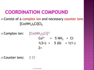  Consist of a complex ion and necessary counter ions
[Co(NH3)5Cl]Cl2
 Complex ion: [Co(NH3)5Cl]2+
Co3+ + 5 NH3 + Cl-
1(3+) + 5 (0) + 1(1-)
2+
 Counter ions: 2 Cl-
V. SANTHANAM
 