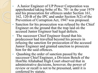 • A Junior Engineer of UP Power Corporation was
apprehended taking bribe of Rs. 70/- in the year 1979
and his prosecution ...