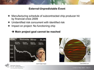 External-Unpredictable Event Manufacturing schedule of subcontracted chip producer hit  by financial crisis 2009 Unidentified risk concurrent with identified risk Impact on project: No functioning chip      Main project goal cannot be reached Credit WIRED.com Credit Google images 