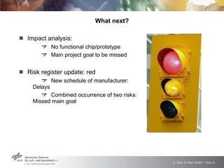 What next? Impact analysis:  No functional chip/prototype Main project goal to be missed Risk register update: red New schedule of manufacturer:  Delays Combined occurrence of two risks:  Missed main goal 