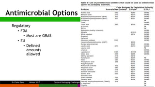 Antimicrobial Options
Regulatory
• FDA
• Most are GRAS
• EU
• Defined
amounts
allowed
Tactical Packaging Challenges & Solu...