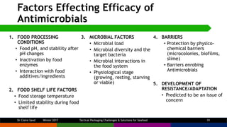 Factors Effecting Efficacy of
Antimicrobials
1. FOOD PROCESSING
CONDITIONS
• Food pH, and stability after
pH changes
• Ina...