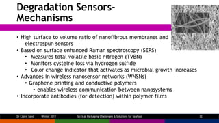 Degradation Sensors-
Mechanisms
• High surface to volume ratio of nanofibrous membranes and
electrospun sensors
• Based on...
