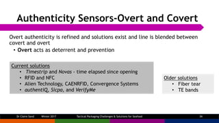 Authenticity Sensors-Overt and Covert
Overt authenticity is refined and solutions exist and line is blended between
covert...