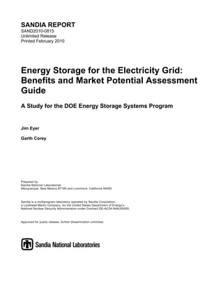 SANDIA REPORT
SAND2010-0815
Unlimited Release
Printed February 2010




Energy Storage for the Electricity Grid:
Benefits and Market Potential Assessment
Guide
A Study for the DOE Energy Storage Systems Program


Jim Eyer

Garth Corey




Prepared by
Sandia National Laboratories
Albuquerque, New Mexico 87185 and Livermore, California 94550



Sandia is a multiprogram laboratory operated by Sandia Corporation,
a Lockheed Martin Company, for the United States Department of Energy’s
National Nuclear Security Administration under Contract DE-AC04-94AL85000.



Approved for public release; further dissemination unlimited.
 