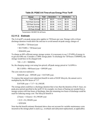 Table 20. PG&E A-6 Time-of-use Energy Price Tariff

                       Period                Total    Generation    %      Distribution    %

                         Peak Summer        $0.37          $0.21   57.0%      $0.13       34.9%
                    Part-Peak Summer        $0.17          $0.09   53.0%      $0.05       29.8%
                     Off-Peak Summer        $0.11          $0.06   49.9%      $0.03       23.3%
                      Part-Peak Winter      $0.13          $0.06   46.0%      $0.04       31.8%
                       Off-Peak Winter      $0.11          $0.05   47.4%      $0.03       25.7%

              Transmisison: $0.00913 for all hours.

5.2.11.2. Estimate
The A-6 tariff’s on-peak energy price applies to 720 hours per year. Storage with a 6-hour
discharge duration would allow the end user to avoid annual on-peak energy charges of
       37¢/kWh × 720 hours/year
       = $0.37/kWh × 720 hours/year
       = $266/kW-year.
To charge an 80% efficient energy storage system, it is necessary to use 1.25 kWh of energy in
to get one kWh out. Consider a 1-MW storage plant: To discharge for 720 hours (720MWh), the
storage would have to be charged with
       720 × 1.25 = 900MWh.
So, the charging energy cost using low-priced, off-peak energy priced at 11¢/kWh is
       $0.11/kWh × 900 hours/year = $99/kW-year.
The cost reduction realized is
       $266/kW-year – $99/kW-year = $167/kW-year.
To express that annual (cost reduction) benefit in units of $/kW lifecycle, the annual cost is
multiplied by the PW factor of 7.17
       $167/kW-year × 7.17 = $1,198/kW.
The storage plant could have a discharge duration that is less than the duration of the 6- hour, on-
peak price period specified in the tariff. If, for example, two hours of backup are needed from a
storage system with four hours of discharge, then the remaining two hours of discharge could be
used for reducing energy cost. The lifecycle benefit is
       (2 hours ÷ 6 hours) × $1,198/kW-year
       = 0.33 × $1,198/kW-year
       = $395/kW.
Note that the benefit estimate illustrated above does not account for variable maintenance costs
incurred as the storage plant is used (e.g., overhauls and subsystem replacement, as applicable).




                                                      88
 