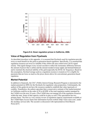 450

                                400

                                350

                 Price ($/MW)   300

                                250

                                200

                                150

                                100

                                 50

                                  0
                                      1   1001   2001   3001    4001    5001   6001   7001   8001
                                                                     Hour


                 Figure E-2. Down regulation prices in California, 2006.

Value of Regulation from Flywheels
As described elsewhere in this appendix, it is assumed that flywheels used for regulation provide
twice as much benefit (to the grid) as generation-based regulation. Specifically, it is assumed that
regulation resources are twice as valuable if they follow the area control error (ACE) signal
closely. That signal changes every several seconds to reflect the momentary difference between
the amount of power that is online and the amount needed to keep supply and demand balanced
and to maintain the electrical stability of the grid (especially the 60-Hz AC frequency). Based on
this assumption, flywheel storage used as a regulation resource is treated as if it is eligible for
payments that are twice as much as the prices shown above for conventional, generation-based
regulation.

Market Potential
In addition to financials, the CEC’s Public Interest Energy Research Program is interested in the
market potential (in MW) for the flywheels-for-regulation value proposition. Unfortunately, the
authors of this guide do not have the resources needed to establish that value rigorously or
credibly. Nonetheless, the authors speculate that a conservative estimate of the market potential
in California could be on the order of 50 to 60 MW of the total regulation market managed by
the CAISO over the next 10 years. (The CAISO does not manage all of the regulation resources
within the state. Some of that capacity could be in play as well.) This speculation has two
primary bases. The first is a very cursory review of regulation capacity requirements available at
the CAISO Open Access Same-time Information System website (http://oasis.caiso.com/, under
the ancillary services tab). The second is a discussion with representatives from Beacon
Power.[E7]



                                                               E-5
 