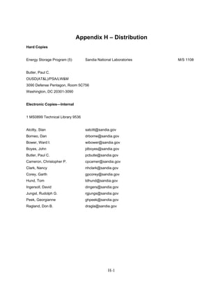 Appendix H – Distribution
Hard Copies


Energy Storage Program (5)        Sandia National Laboratories   M/S 1108


Butler, Paul C.
OUSD(AT&L)/PSA/LW&M
3090 Defense Pentagon, Room 5C756
Washington, DC 20301-3090


Electronic Copies—Internal


1 MS0899 Technical Library 9536


Atcitty, Stan                     satcitt@sandia.gov
Borneo, Dan                       drborne@sandia.gov
Bower, Ward I.                    wibower@sandia.gov
Boyes, John                       jdboyes@sandia.gov
Butler, Paul C.                   pcbutle@sandia.gov
Cameron, Christopher P.           cpcamer@sandia.gov
Clark, Nancy                      nhclark@sandia.gov
Corey, Garth                      gpcorey@sandia.gov
Hund, Tom                         tdhund@sandia.gov
Ingersoll, David                  dingers@sandia.gov
Jungst, Rudolph G.                rgjungs@sandia.gov
Peek, Georgianne                  ghpeek@sandia.gov
Ragland, Don B.                   dragla@sandia.gov




                                               H-1
 