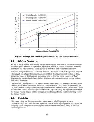 17                                                               17
                                              16       Variable Operation Cost 6¢/kWh                          16
       Total Variable Operation Cost (¢/kWh
                                              15       Variable Operation Cost 4¢/kWh                          15
                                              14       Variable Operation Cost 2¢/kWh                          14
                                              13                                                               13
                                              12                                                               12
                                              11                                                               11
                                              10                                                               10
                                              9                                                                9
                                              8                                                                8
                                              7                                                                7
                                              6                                                                6
                                              5                                                                5
                                              4                                                                4
                                                   2        3            4          5            6     7   8
                                                                       Charging Energy Price (¢/kWh)


       Figure 2. Storage total variable operation cost for 75% storage efficiency.

2.7.                                          Lifetime Discharges
To one extent or another, most energy storage media degrade with use (i.e., during each charge-
discharge cycle). The rate of degradation depends on the type of storage technology, operating
conditions, and other variables. This is especially important for electrochemical batteries.
For some storage technologies – especially batteries – the extent to which the system is emptied
(discharged) also affects the storage media’s useful life. Discharging a small portion of stored
energy is a ‘shallow’ discharge and discharging most or all of the stored energy is a ‘deep’
discharge. For these technologies, a shallow discharge is less damaging to the storage medium
than a deep discharge.
Note that many battery vendors can produce storage media with extra service life (relative to the
baseline product) to accommodate additional charge-discharge cycles and/or deeper discharges.
Of course, there is usually a corresponding incremental cost for the superior performance. To the
extent that the storage medium degrades and must be replaced during the expected useful life of
the storage system, the cost for that replacement must be added to the variable operating cost of
the storage system.

2.8.                                          Reliability
Like power rating and discharge duration, storage system reliability requirements are
circumstance-specific. Little guidance is possible. The project design engineer is responsible for
designing a plant that provides enough power and that is as reliable as necessary to serve the
specific application.


                                                                                        16
 