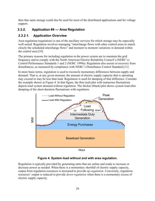 then that same storage could also be used for most of the distributed applications and for voltage
support.
3.3.2.     Application #4 — Area Regulation
3.3.2.1.    Application Overview
Area regulation (regulation) is one of the ancillary services for which storage may be especially
well-suited. Regulation involves managing “interchange flows with other control areas to match
closely the scheduled interchange flows” and moment to moment variations in demand within
the control area.[10]
The primary reasons for including regulation in the power system are to maintain the grid
frequency and to comply with the North American Electric Reliability Council’s (NERC’s)
Control Performance Standards 1 and 2 (NERC 1999a). Regulation also assists in recovery from
disturbances, as measured by compliance with NERC’s Disturbance Control Standard.[11]
In more basic terms, regulation is used to reconcile momentary differences between supply and
demand. That is, at any given moment, the amount of electric supply capacity that is operating
may exceed or may be less than load. Regulation is used for damping of that difference. Consider
the example shown in Figure 4. In that figure, the thin (red) plot with numerous fluctuations
depicts total system demand without regulation. The thicker (black) plot shows system load after
damping of the short-duration fluctuations with regulation.

                         Load Without Regulation                     Peak
                         Load With Regulation                      Generation

                                                    Load
                                              up  Following down
                                           Intermediate Duty
                                               Generation
           MW




                                         Energy Purchases



                                        Baseload Generation


                                                    Hour

                Figure 4. System load without and with area regulation.
Regulation is typically provided by generating units that are online and ready to increase or
decrease power as needed. When there is a momentary shortfall of electric supply capacity,
output from regulation resources is increased to provide up regulation. Conversely, regulation
resources’ output is reduced to provide down regulation when there is a momentary excess of
electric supply capacity.


                                                   29
 