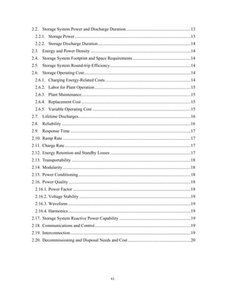 2.2. Storage System Power and Discharge Duration...........................................................13
  2.2.1. Storage Power .........................................................................................................13
  2.2.2. Storage Discharge Duration ....................................................................................14
2.3. Energy and Power Density ...........................................................................................14
2.4. Storage System Footprint and Space Requirements.....................................................14
2.5. Storage System Round-trip Efficiency .........................................................................14
2.6. Storage Operating Cost.................................................................................................14
  2.6.1. Charging Energy-Related Costs..............................................................................14
  2.6.2. Labor for Plant Operation .......................................................................................15
  2.6.3. Plant Maintenance...................................................................................................15
  2.6.4. Replacement Cost ...................................................................................................15
  2.6.5. Variable Operating Cost .........................................................................................15
2.7. Lifetime Discharges......................................................................................................16
2.8. Reliability .....................................................................................................................16
2.9. Response Time .............................................................................................................17
2.10. Ramp Rate ....................................................................................................................17
2.11. Charge Rate ..................................................................................................................17
2.12. Energy Retention and Standby Losses .........................................................................17
2.13. Transportability ............................................................................................................18
2.14. Modularity ....................................................................................................................18
2.15. Power Conditioning......................................................................................................18
2.16. Power Quality...............................................................................................................18
  2.16.1. Power Factor ...........................................................................................................18
  2.16.2. Voltage Stability .....................................................................................................19
  2.16.3. Waveform ...............................................................................................................19
  2.16.4. Harmonics ...............................................................................................................19
2.17. Storage System Reactive Power Capability .................................................................19
2.18. Communications and Control.......................................................................................19
2.19. Interconnection .............................................................................................................19
2.20. Decommissioning and Disposal Needs and Cost .........................................................20




                                                                 vi
 