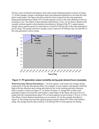 The key source of diurnal intermittency from solar-energy-fueled generation is shown in Figure
11. In that example, storage is discharged when solar generation production is less than the solar
plant’s rated output. The figure also shows that the lowest output from the solar generation
during peak demand hours (about 75% of rated capacity) occurs in the early afternoon as the sun
continues to rise. The effects of short-duration intermittency, if any, are not shown. Based on the
example (without regard to short-duration intermittency), firming of the PV’s output requires
storage whose capacity (power) is equivalent to at least 0.25 kW per kW of the solar generation’s
power rating. The storage must have enough energy to deliver 0.52 kWh per day, for each kW of
the solar generation’s power rating.
                    1
                           Max. Power                                 Energy from Storage
                   0.9        from                                               0.52 kWh

                   0.8
                            Storage
                              0.25 kW
                   0.7

                   0.6
      Power (kW)




                                                PV
                   0.5                         Plant
                                              Power      Energy from PV Generation
                   0.4
                                             (rating)            4.48 kWh
                   0.3

                   0.2

                   0.1

                    0
                        0

                        5

                        0

                        5

                        0

                        5

                        0

                        5

                        0

                        5

                        0

                        5

                        0

                        5

                        0

                        5

                        0

                        5

                        0

                        5
                      :0

                      :1

                      :3

                      :4

                      :0

                      :1

                      :3

                      :4

                      :0

                      :1

                      :3

                      :4

                      :0

                      :1

                      :3

                      :4

                      :0

                      :1

                      :3

                      :4
                   12

                   12

                   12

                   12

                   13

                   13

                   13

                   13

                   14

                   14

                   14

                   14

                   15

                   15

                   15

                   15

                   16

                   16

                   16

                   16
                                               Time of Day


Figure 11. PV generation output variability during peak demand hours (example).
Wind Generation Diurnal Intermittency — In most regions, wind tends to be stronger during
certain parts of the day than during others. For example, in some regions wind speed is relatively
high in the late afternoon and evening and relatively low in the morning and early afternoon.
Such a scenario is shown in Figure 12. As shown in Figure 12, storage fills in when wind
generation output is less than the wind turbine’s rated output. In the figure, the lowest level of
output from the wind generation (about 35% of rated capacity) occurs at about 1:45 p.m. (13:45).
The effects of short-duration intermittency are not shown. So, for the example described in
Figure 12, the storage must provide capacity (power) equal to about 65% of the wind turbine’s
rating. The storage must be able to deliver 2.36 kWh per kW of wind capacity for firming.




                                                50
 